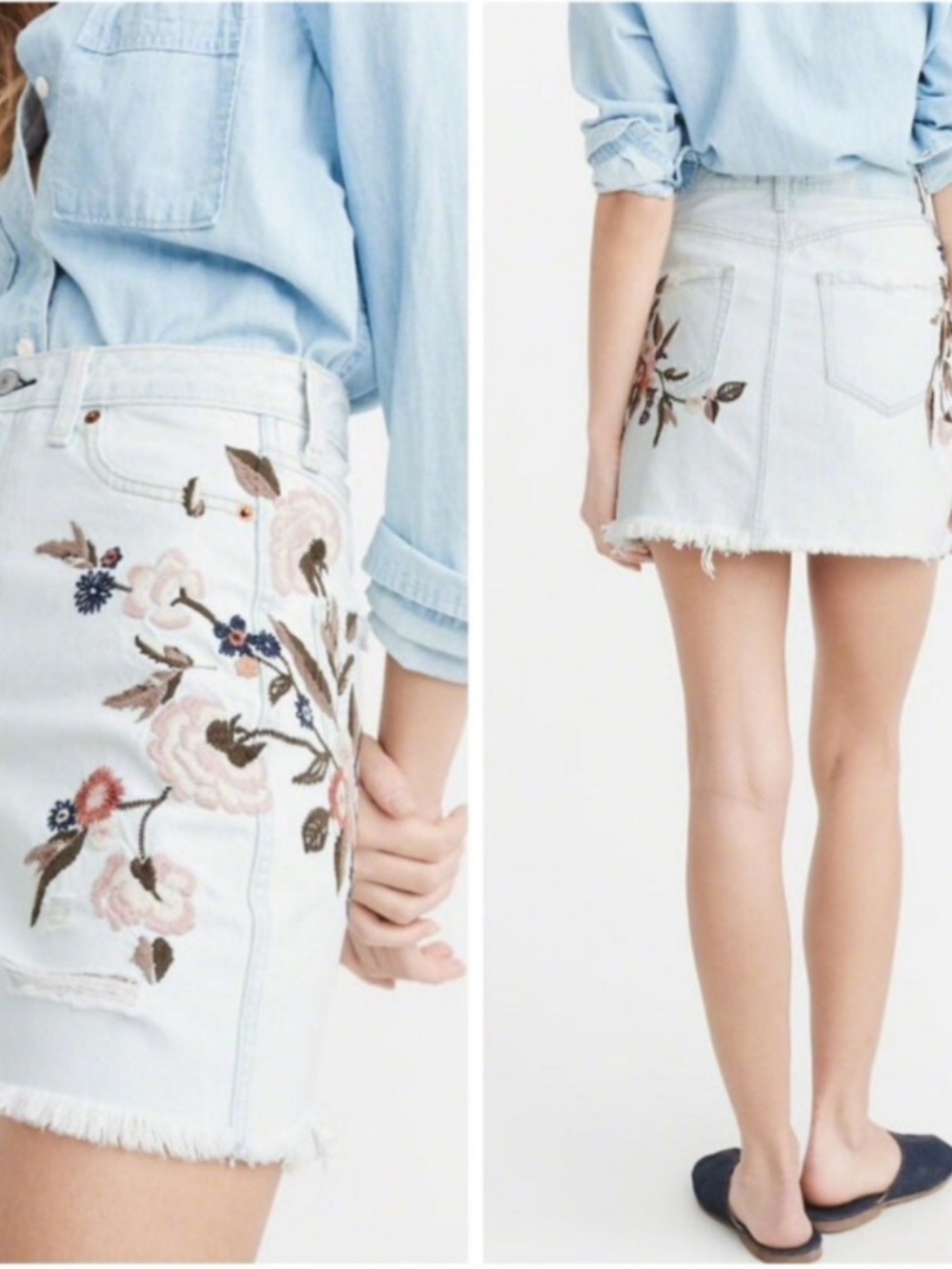 ❤️ Abercrombie & Fitch 0 Embroidered White Denim Mini Skirt Floral Detail (B7)